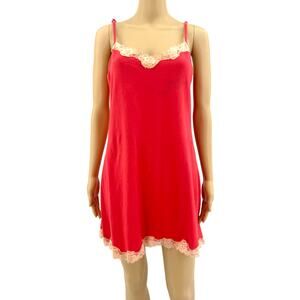 Vintage 90s L.A. Intimates Coral Orange Lace Mini Slip Dress Coquette Womens L